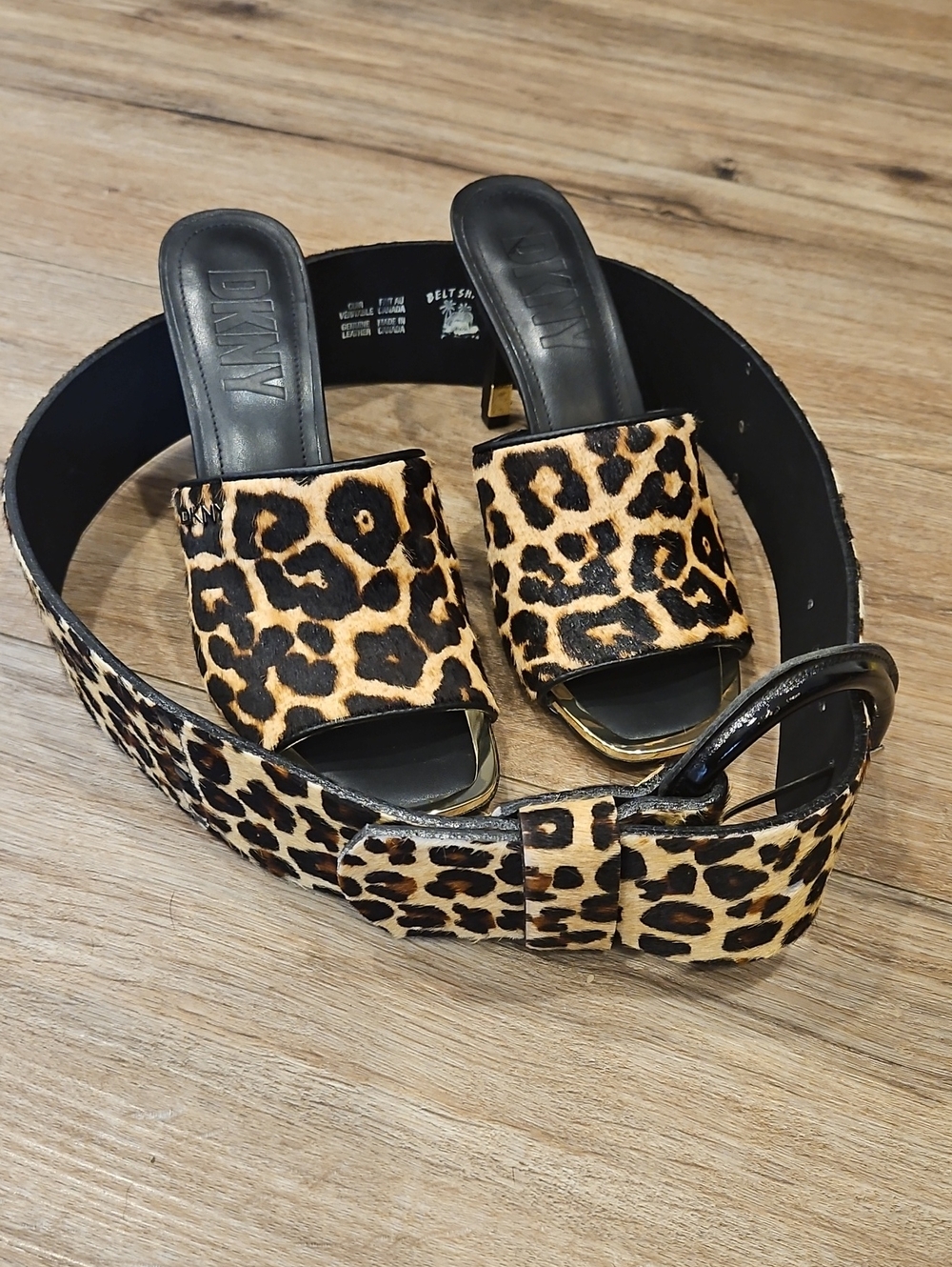 NWOT DKNY Leopard-Print Slide Sandals with Matching Belt - Black/Tan Sz 8